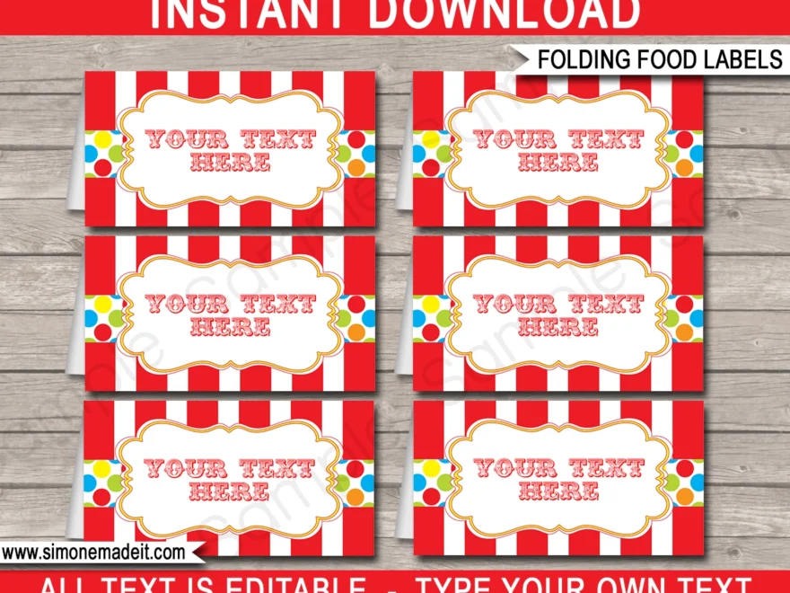 Carnival Party Food Labels Template Place Cards Pritnable Decorations