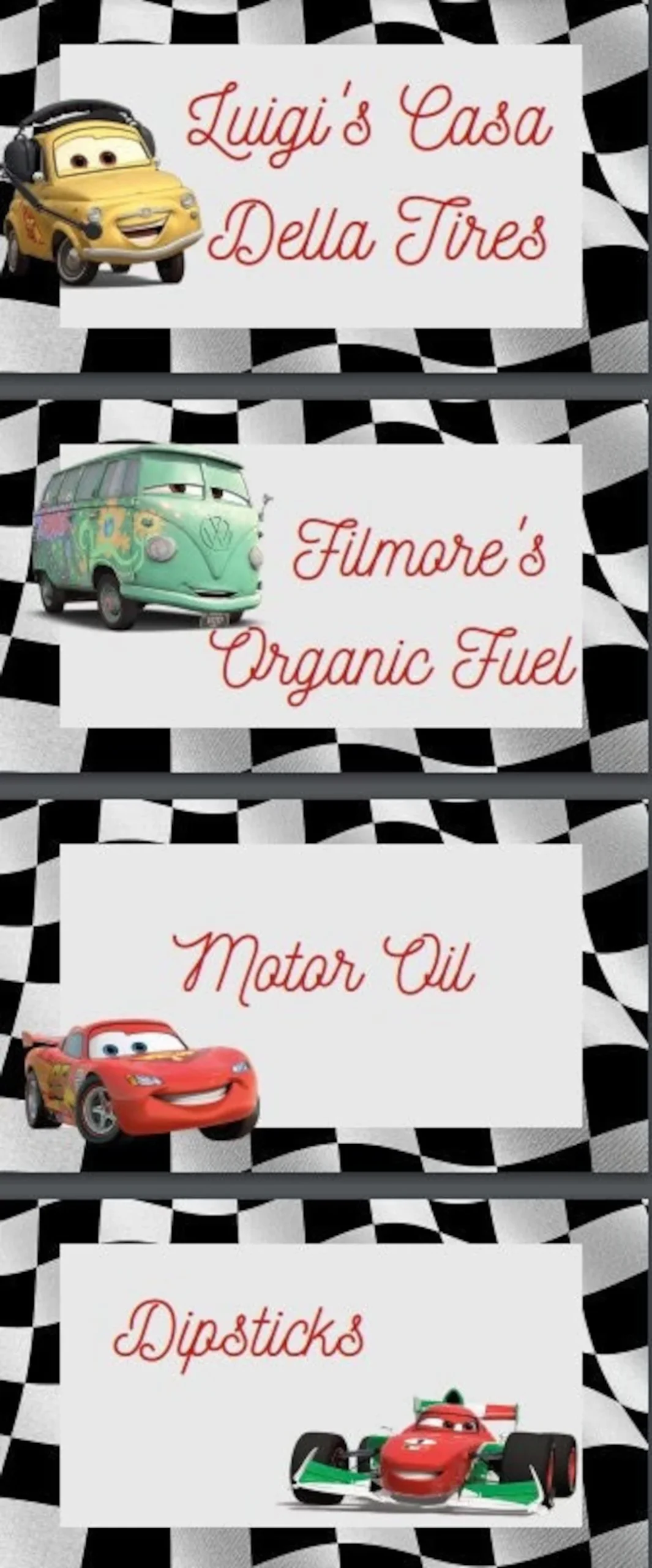 Printable Cars Food Signs Printable Cars Food Signs