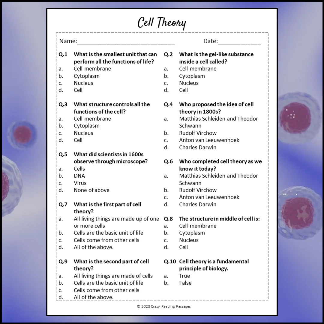 Cell Theory Reading Comprehension Passage And Questions Printable PD PrintableBazaar