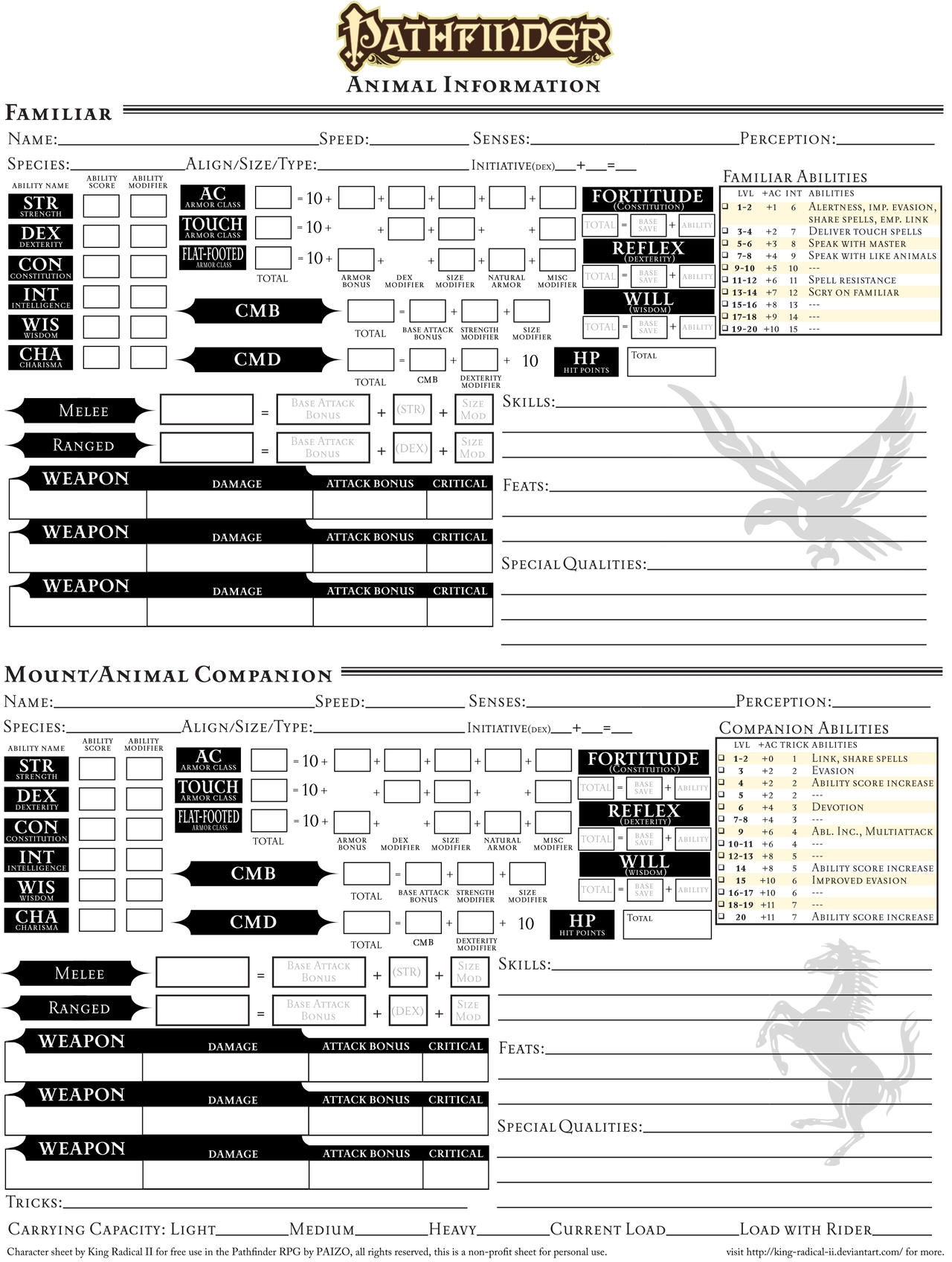 Printable Pathfinder Companion Sheet Printable Pathfinder Companion Sheet