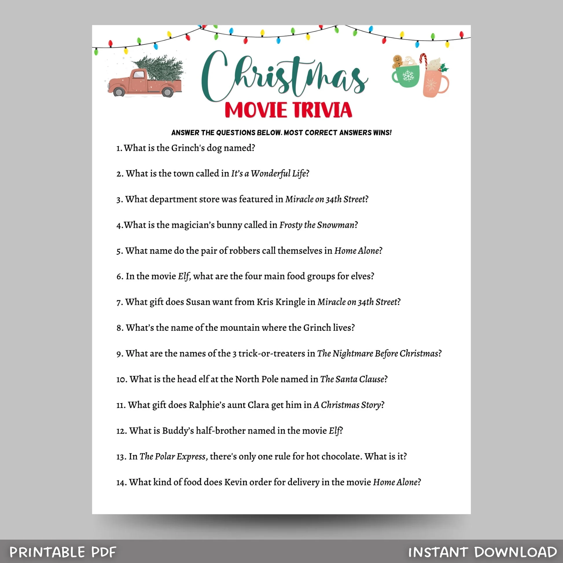Christmas Movie Trivia Game Printable Scribbled LLC