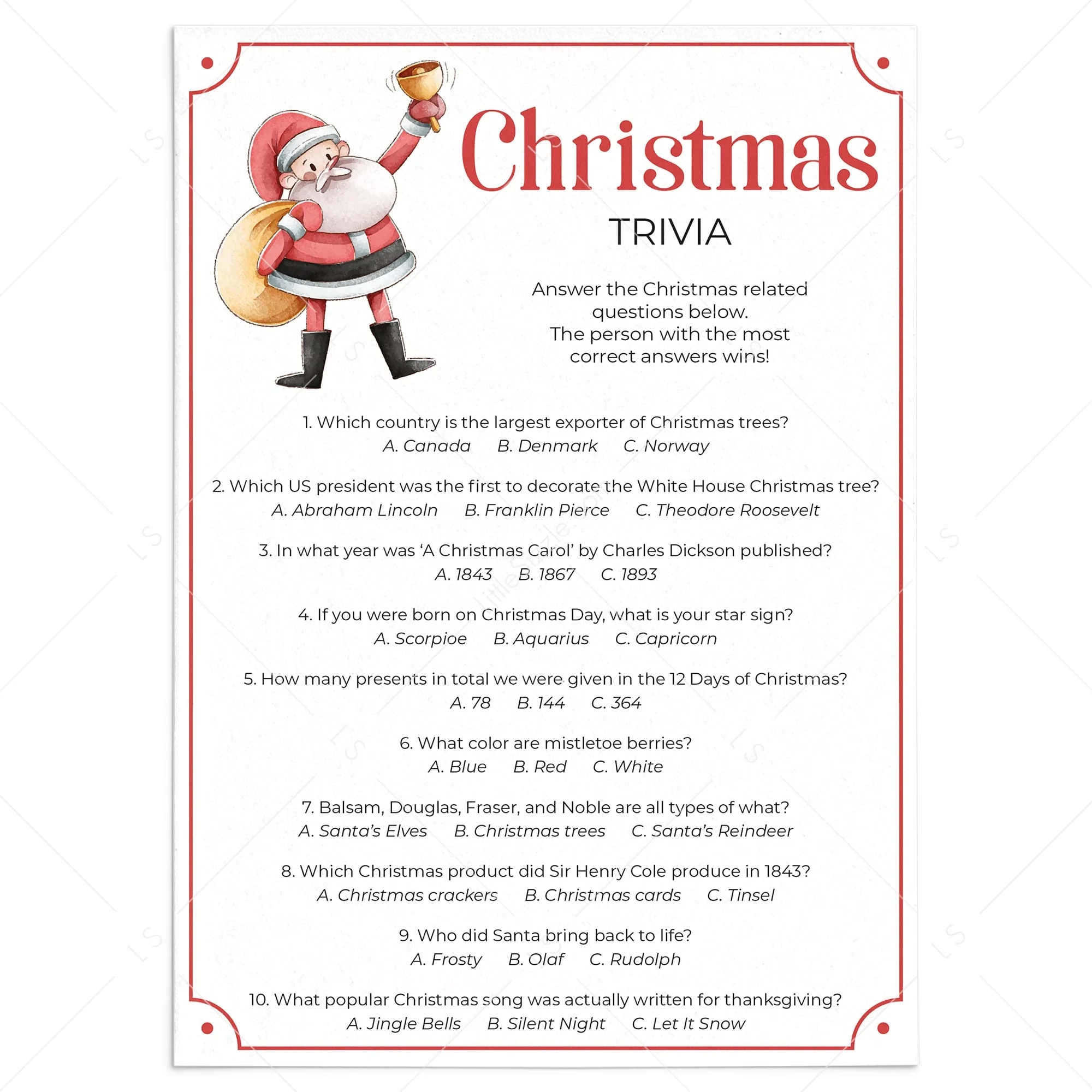 Christmas Multiple Choice Trivia With Answers Printable LittleSizzle Christmas Multiple Choice Trivia With Answers Printable LittleSizzle