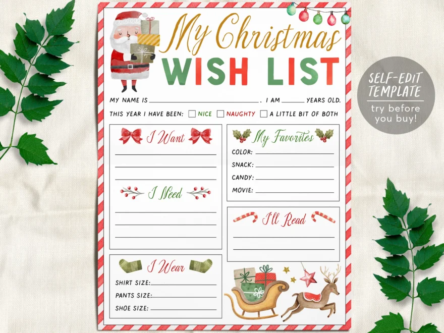 Christmas Wish List For Kids Editable Template Personalized Holiday W Puff Paper Co