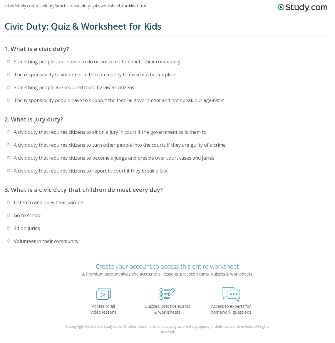 Civic Duty Quiz Worksheet For Kids Study Civic Duty Quiz Worksheet For Kids Study