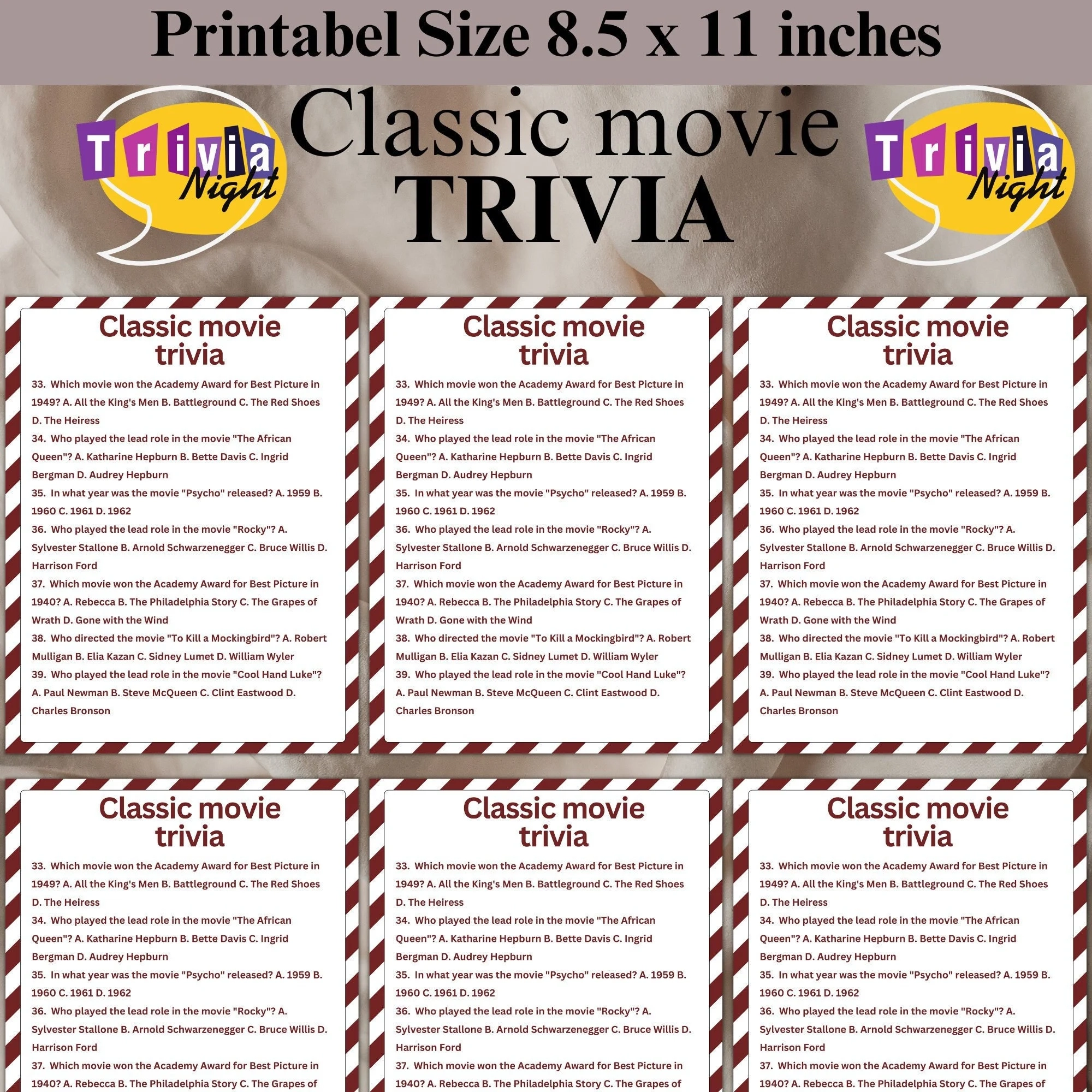Classic Movie Trivia Printable Classic Movie Trivia Classic Movie Instant Download Classic Movie Party Game Fun Movie Game Fun Trivia Etsy