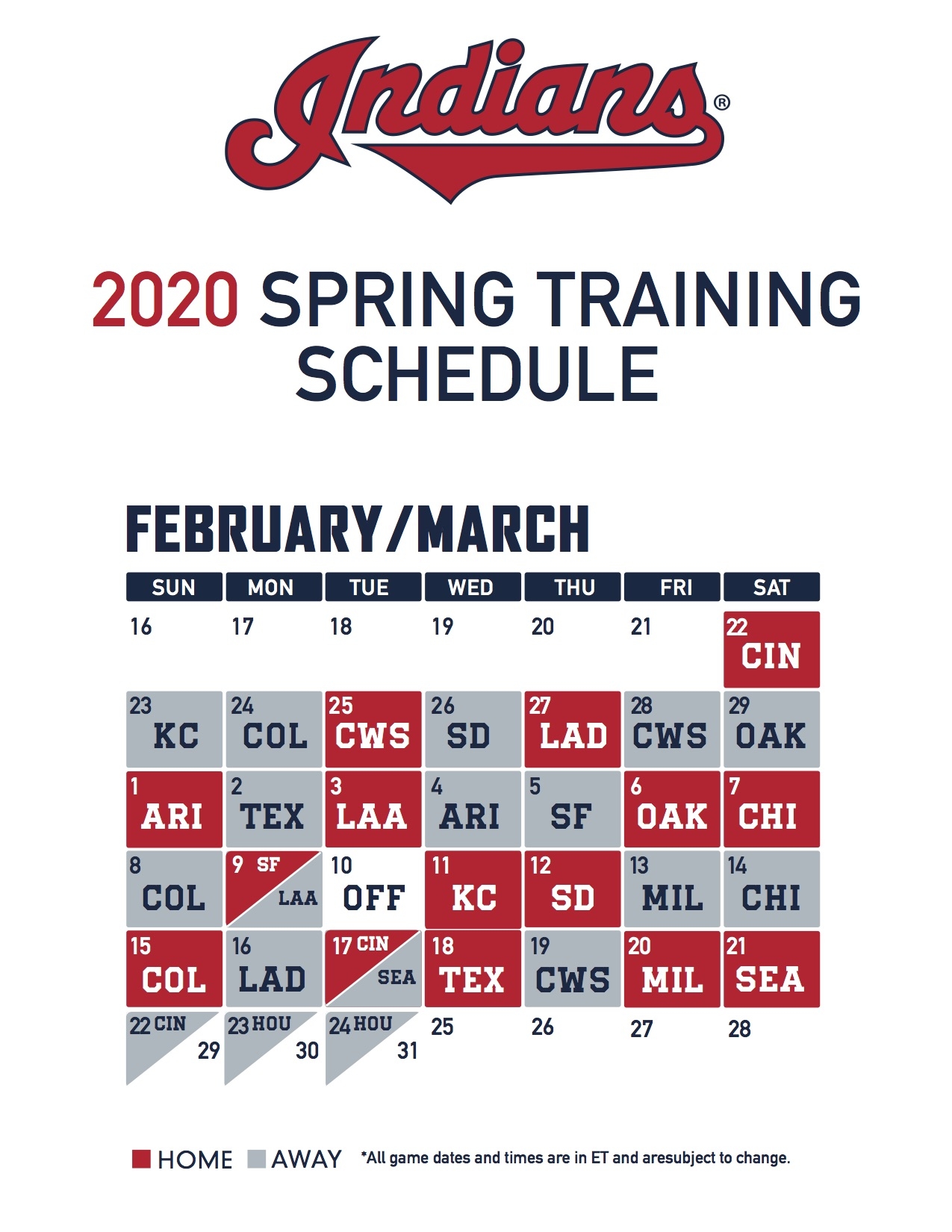 Cleveland Indians 2020 Spring Training Schedule Opens Against Reds On Feb 22 Cleveland