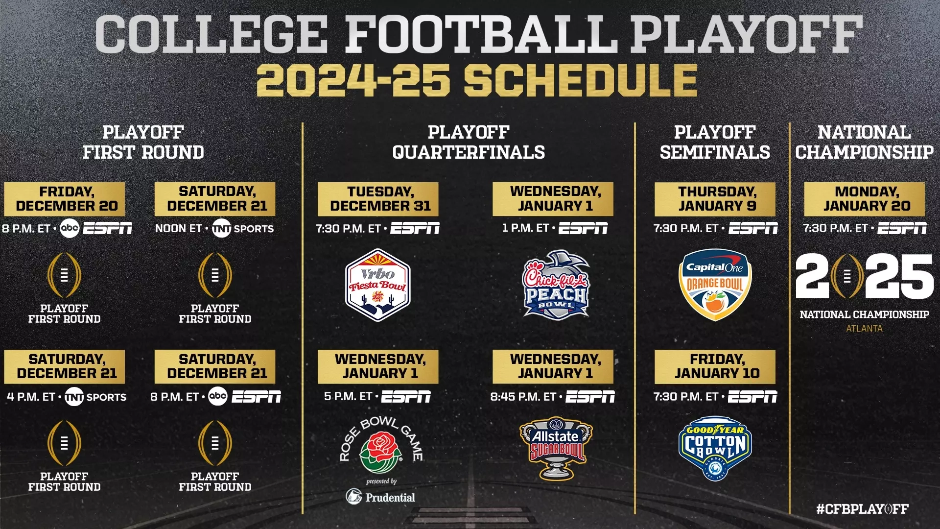 College Football Playoff Announces 2024 25 Kick Times And Broadcast Schedule For 2024 25 Playoff On ESPN And TNT Sports College Football Playoff