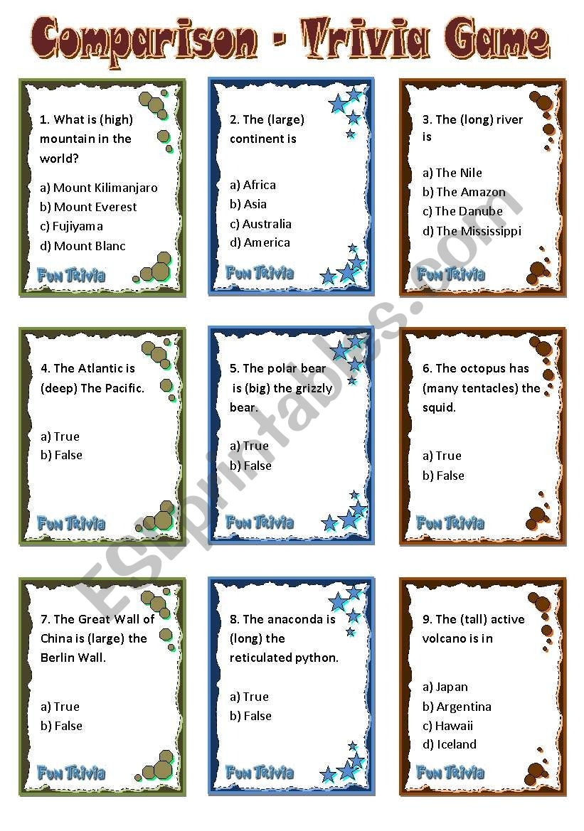 Comparison Trivia Game Cards ESL Worksheet By Gabitza Comparison Trivia Game Cards ESL Worksheet By Gabitza