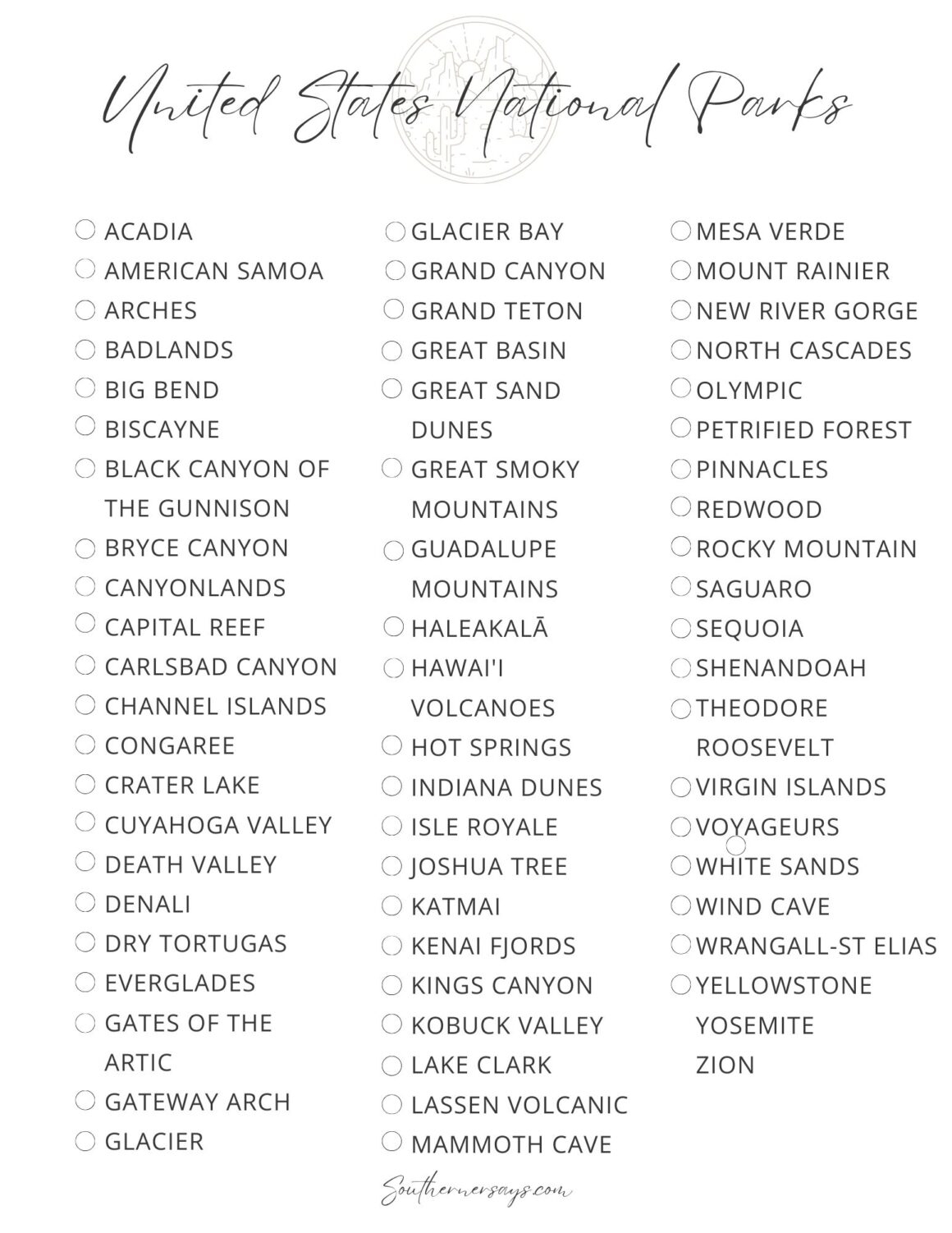 Printable List Of All National Parks
