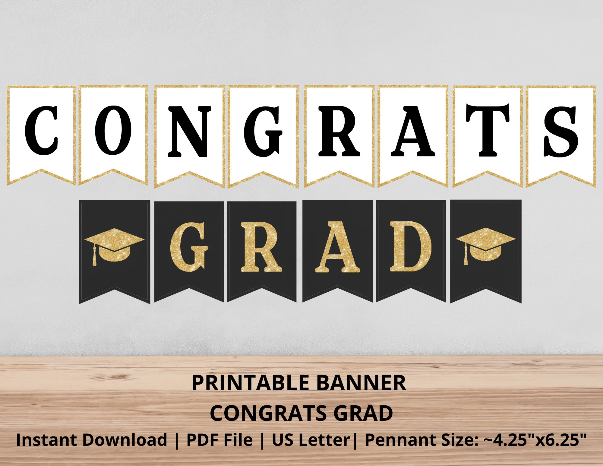 Congrats Grad Banner Printable Congrats Banner Black And Gold Graduation Banner Graduation Garland 2022 Graduation grad Party Decor Etsy