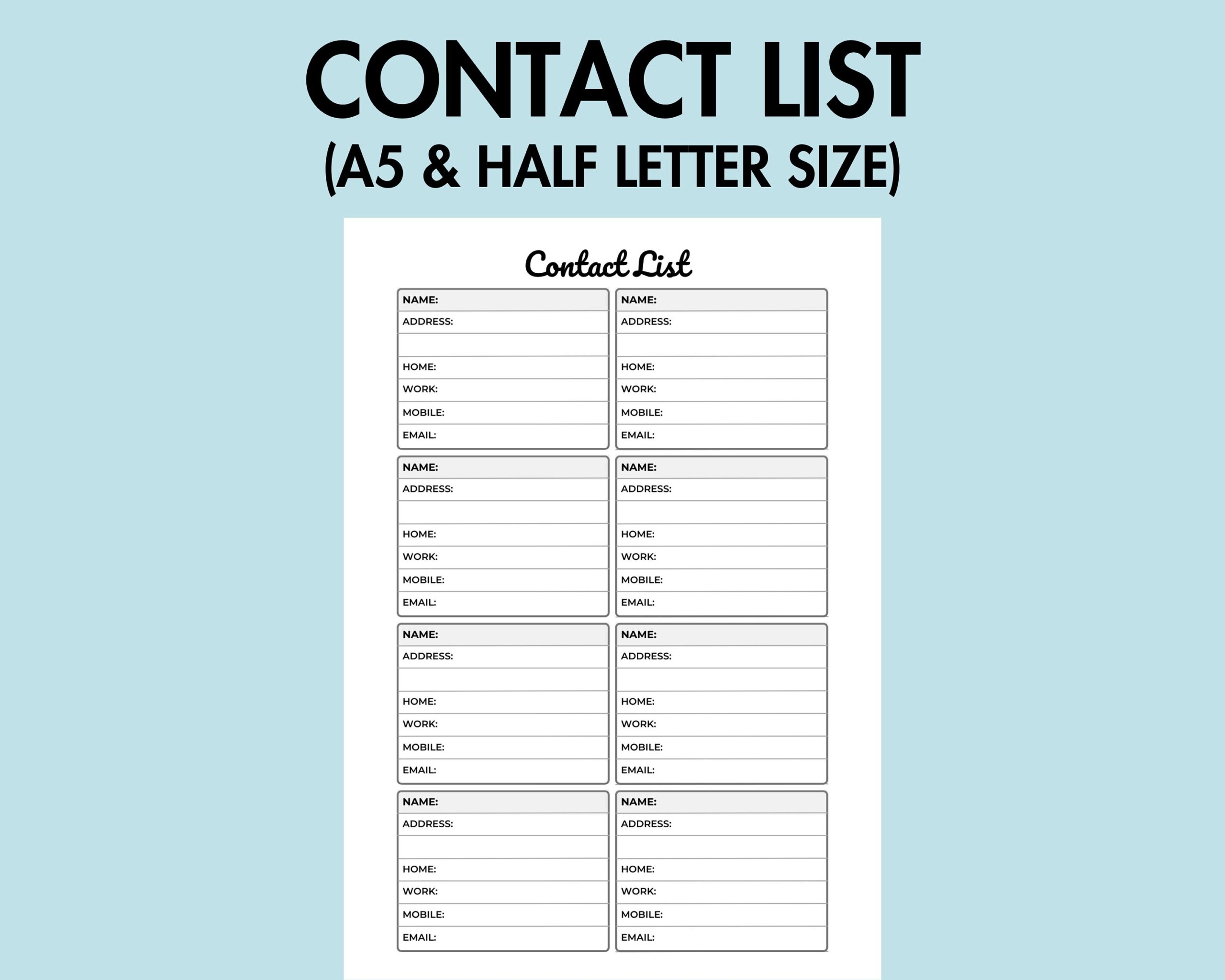 Free Printable Contact List Half Size
