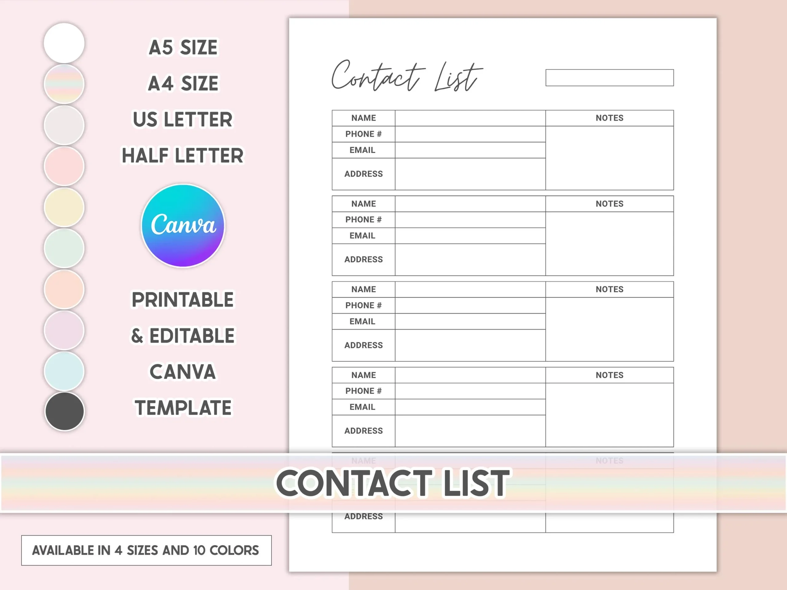 Contact List Template Editable Contact List Name And Number Family Printable Address Book Contact Information Form A4 a5 letter half Letter Etsy