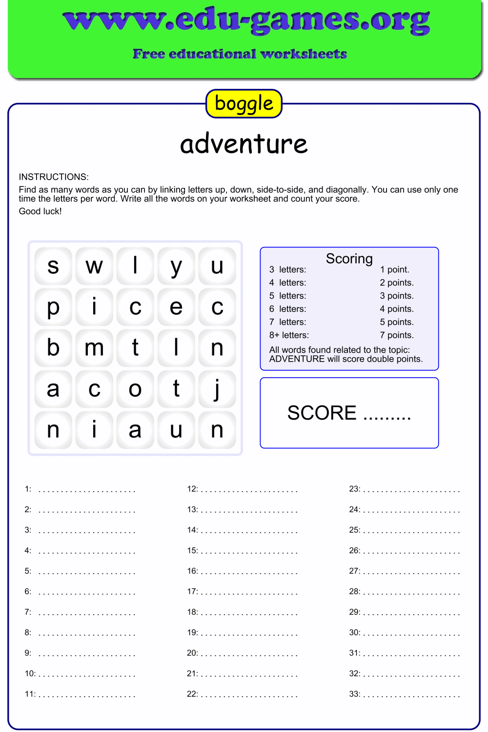 Create Free Printable Boggle Puzzles Boggle Generator Edu Games