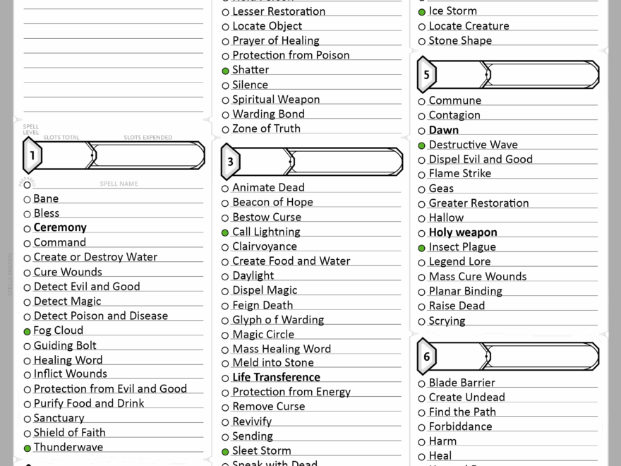 Created A Spell Sheet For Tempest Cleric Up To 6 Lvl Spells includes Xanathar s Guide OC R DnD