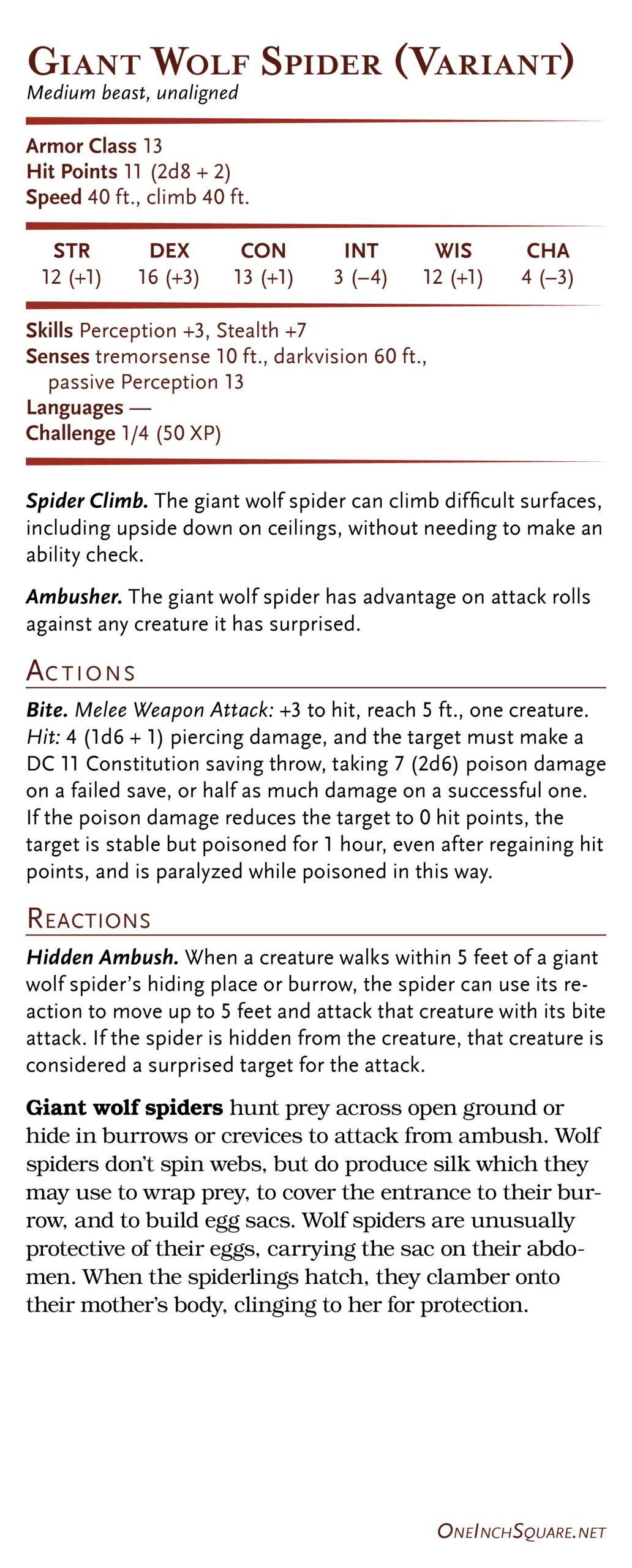 Giant Spidert Stat Sheet Printable D&D