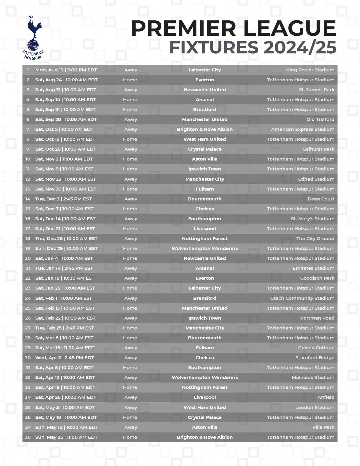Printable Tottenham Hotspur Fixture List Printable Tottenham Hotspur Fixture List