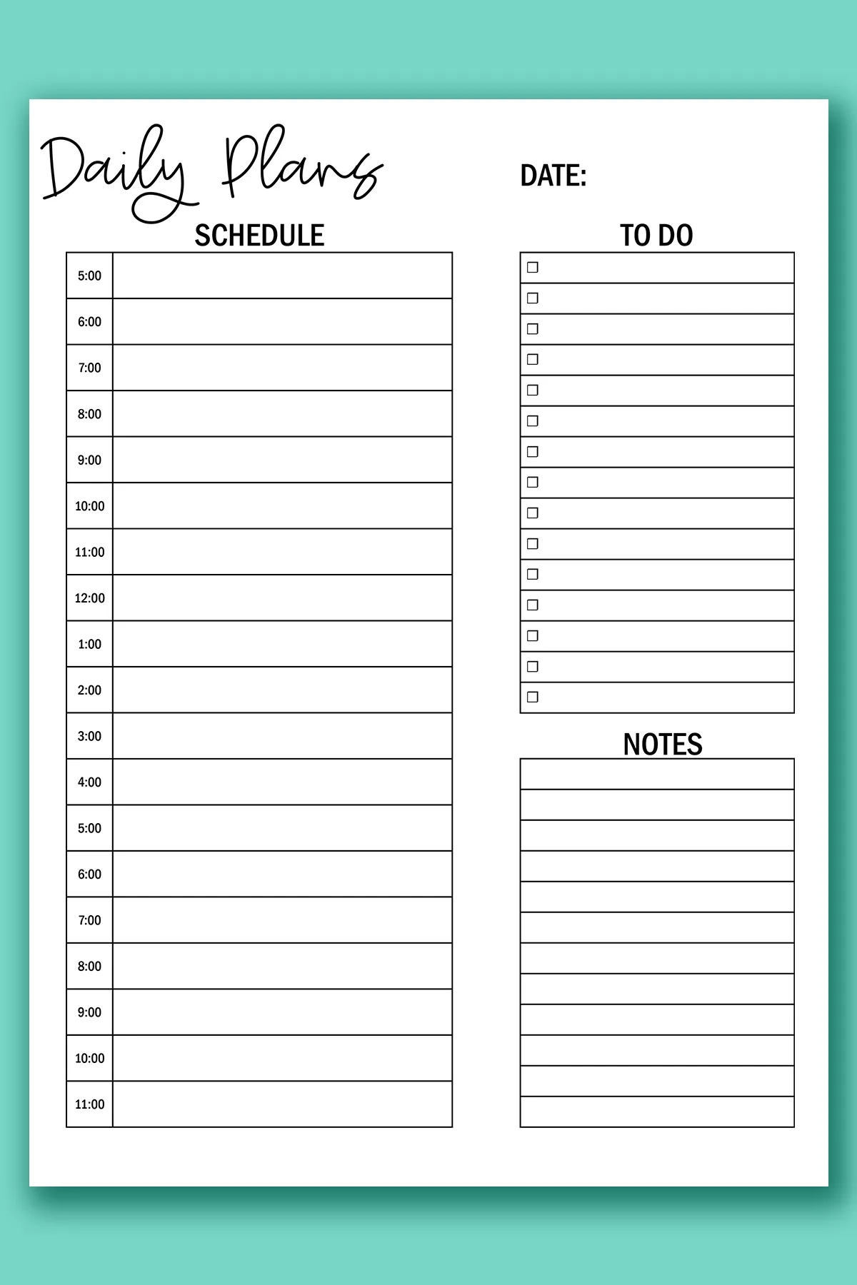 Daily Hourly Planner Printable Daily Hourly Planner Printable