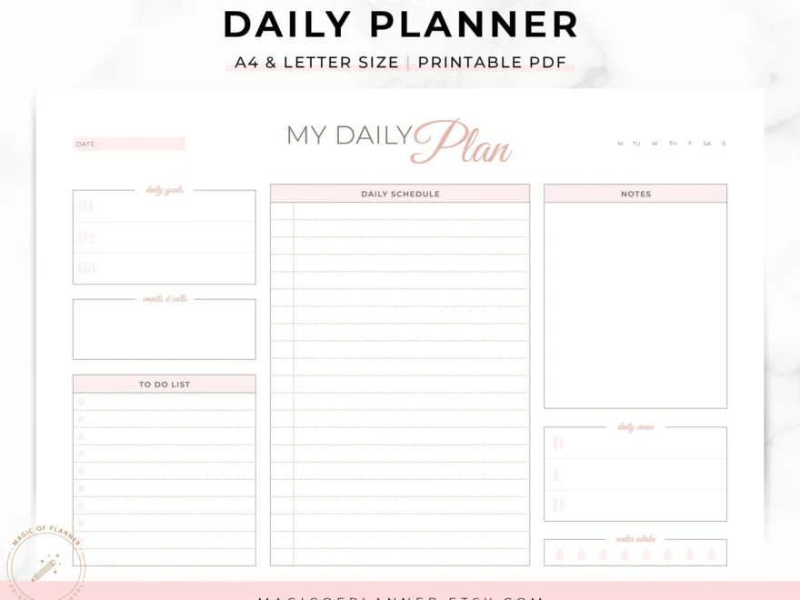 Daily Planner Printable Undated Horizontal Layout letter Size A4 PDF Etsy