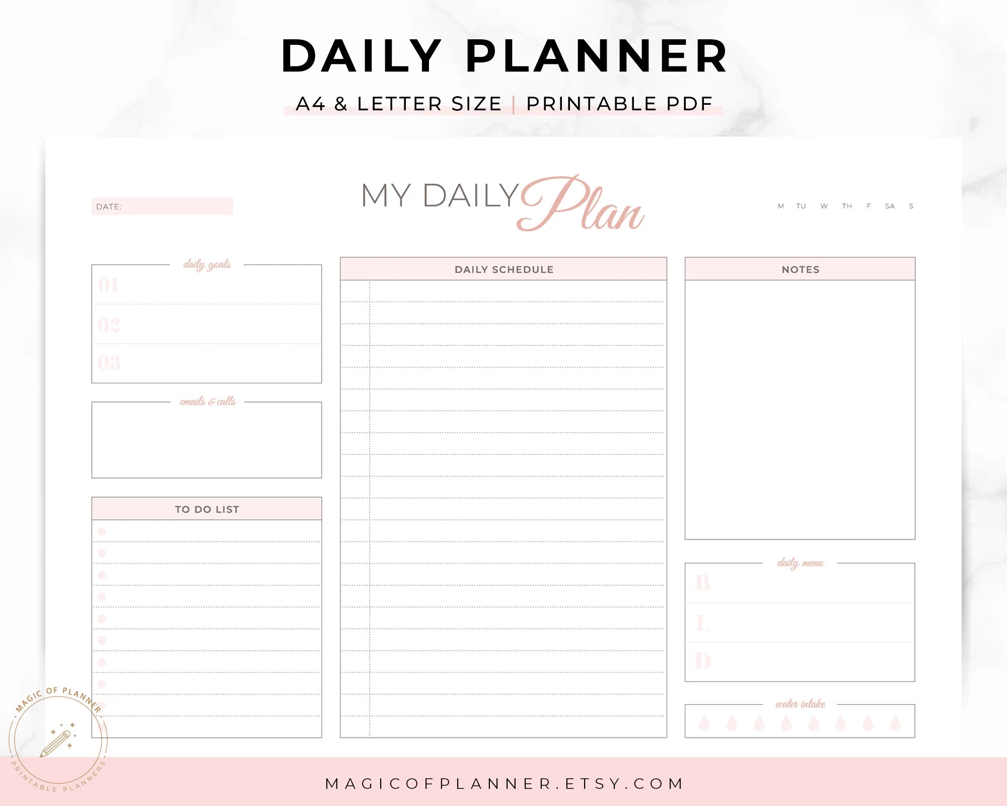 Daily Planner Printable Undated Horizontal Layout letter Size A4 PDF Etsy