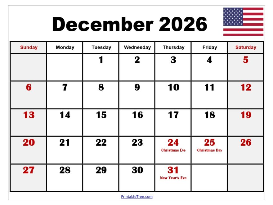 December 2026 Calendar Printable PDF With Holidays Templates