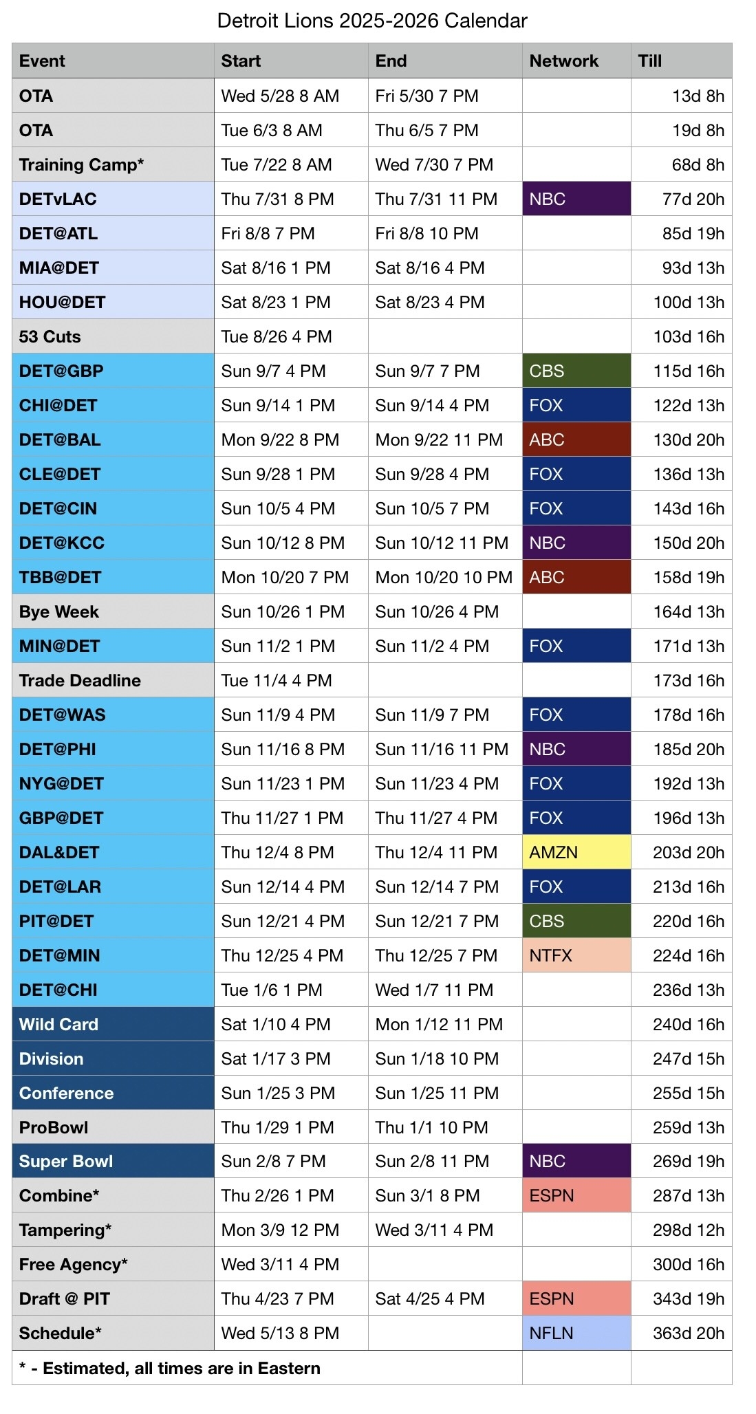 Detroit Lions Full May 2025 May 2026 Calendar Updated The Den
