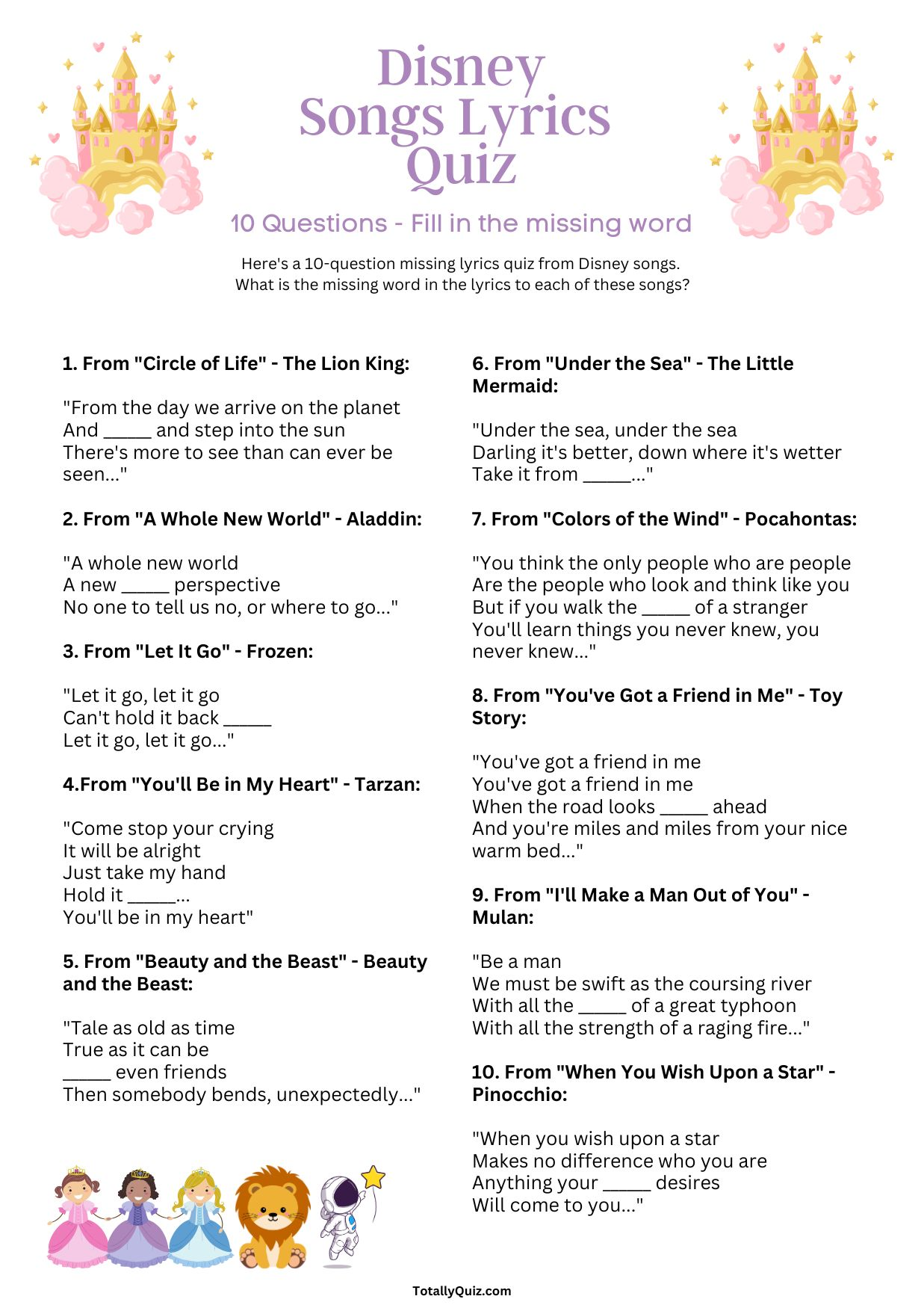 Disney Song Lyrics Quiz Fill In The Missing Words 2023 Worksheets Library