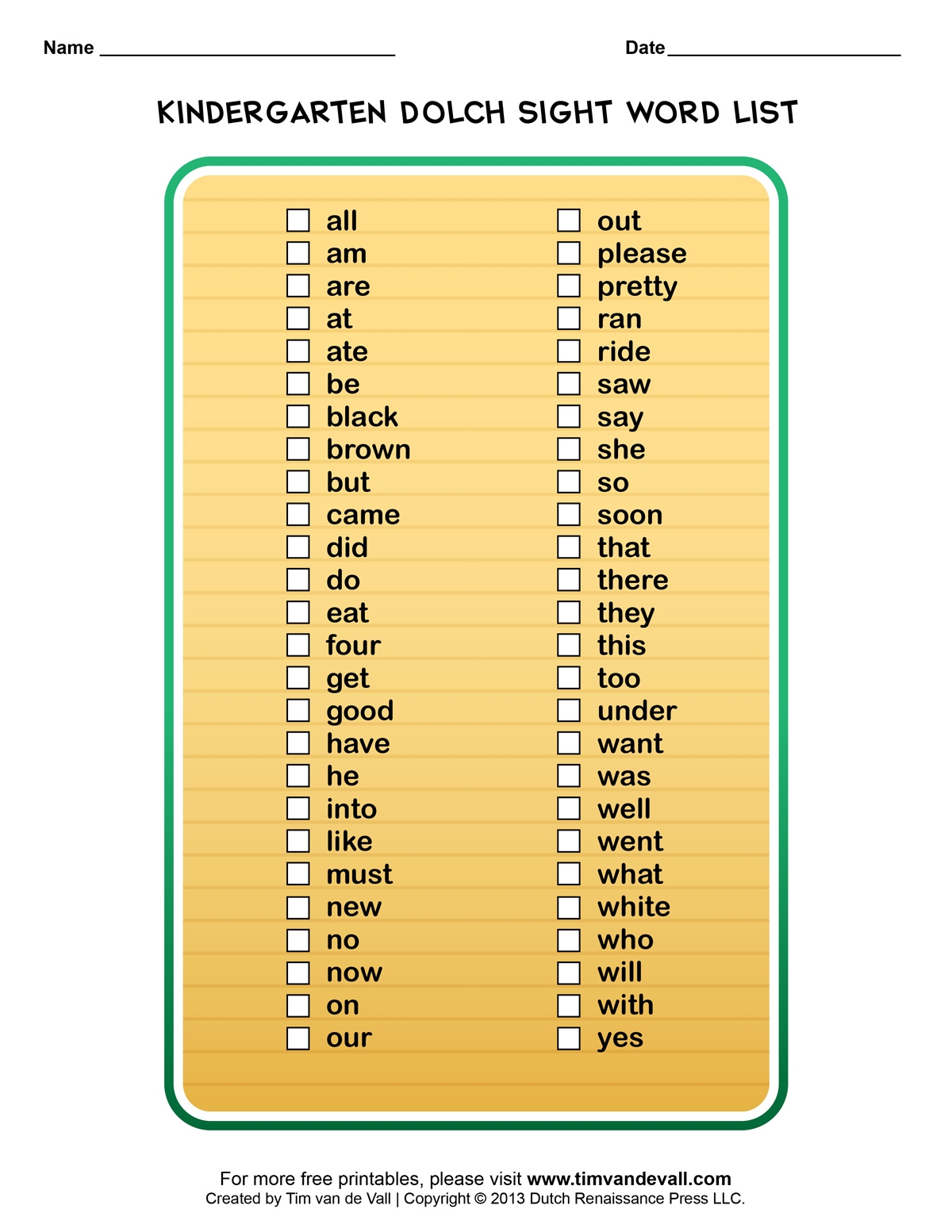 Free Printable Dolch Sight Words List