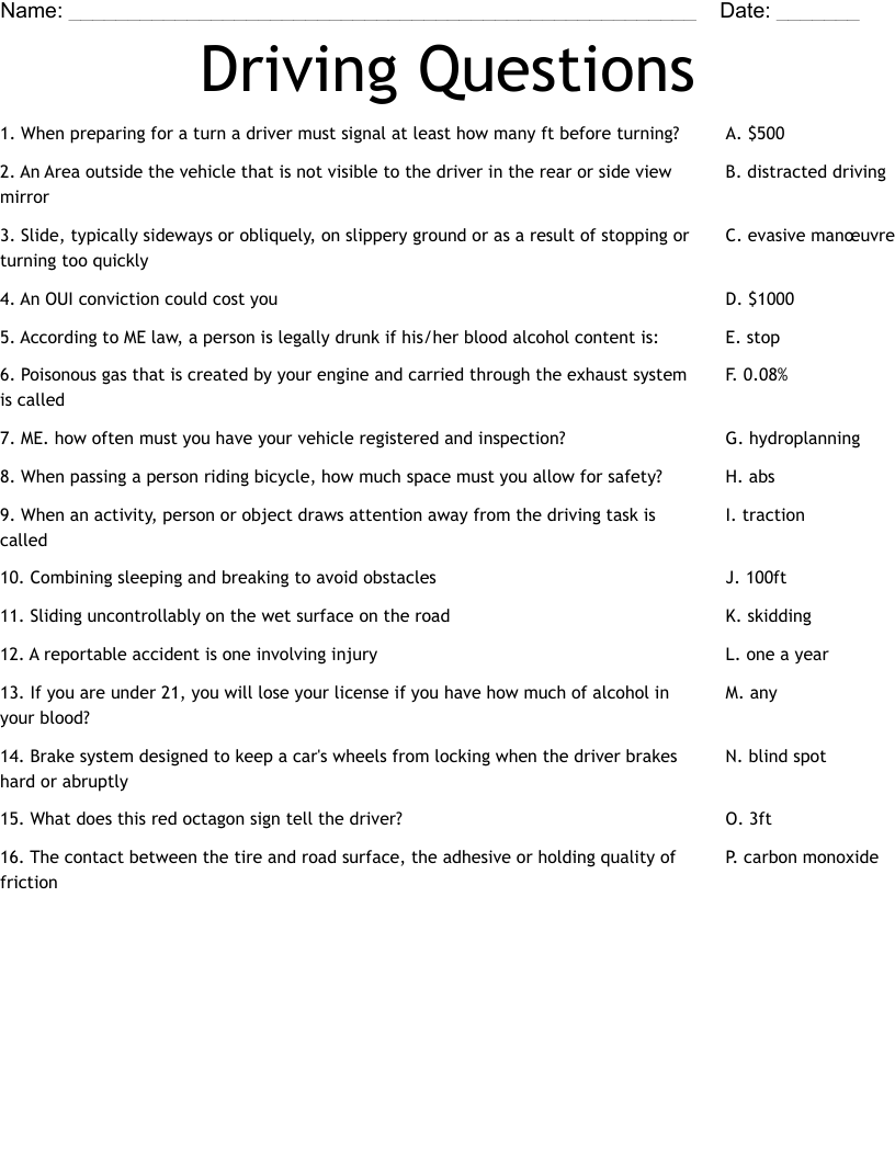 Driving Questions Worksheet WordMint