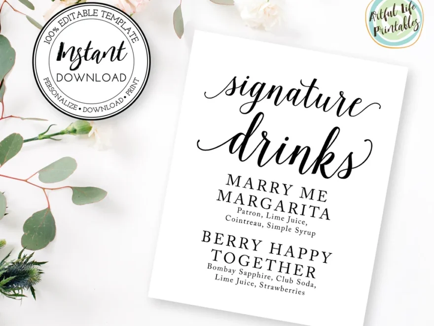 Editable Signature Drink Sign Wedding Cocktail Sign Template Wedding Artful Life Designs