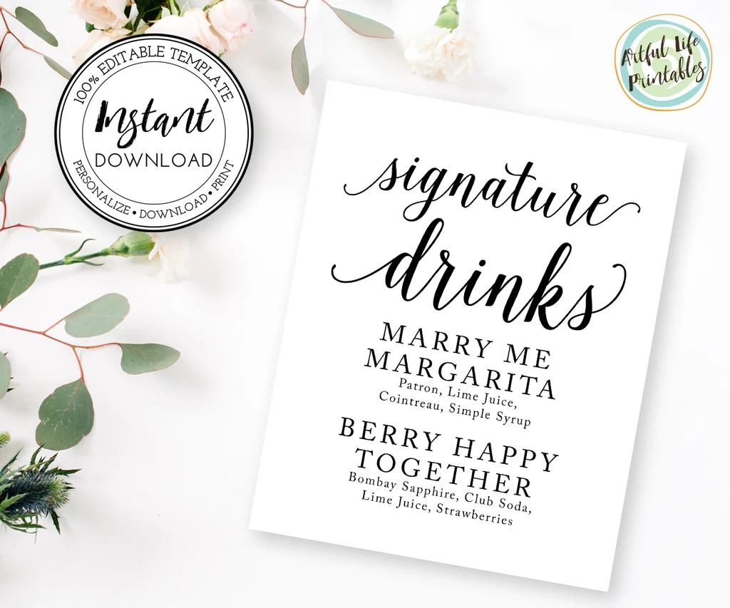 Editable Signature Drink Sign Wedding Cocktail Sign Template Wedding Artful Life Designs Editable Signature Drink Sign Wedding Cocktail Sign Template Wedding Artful Life Designs