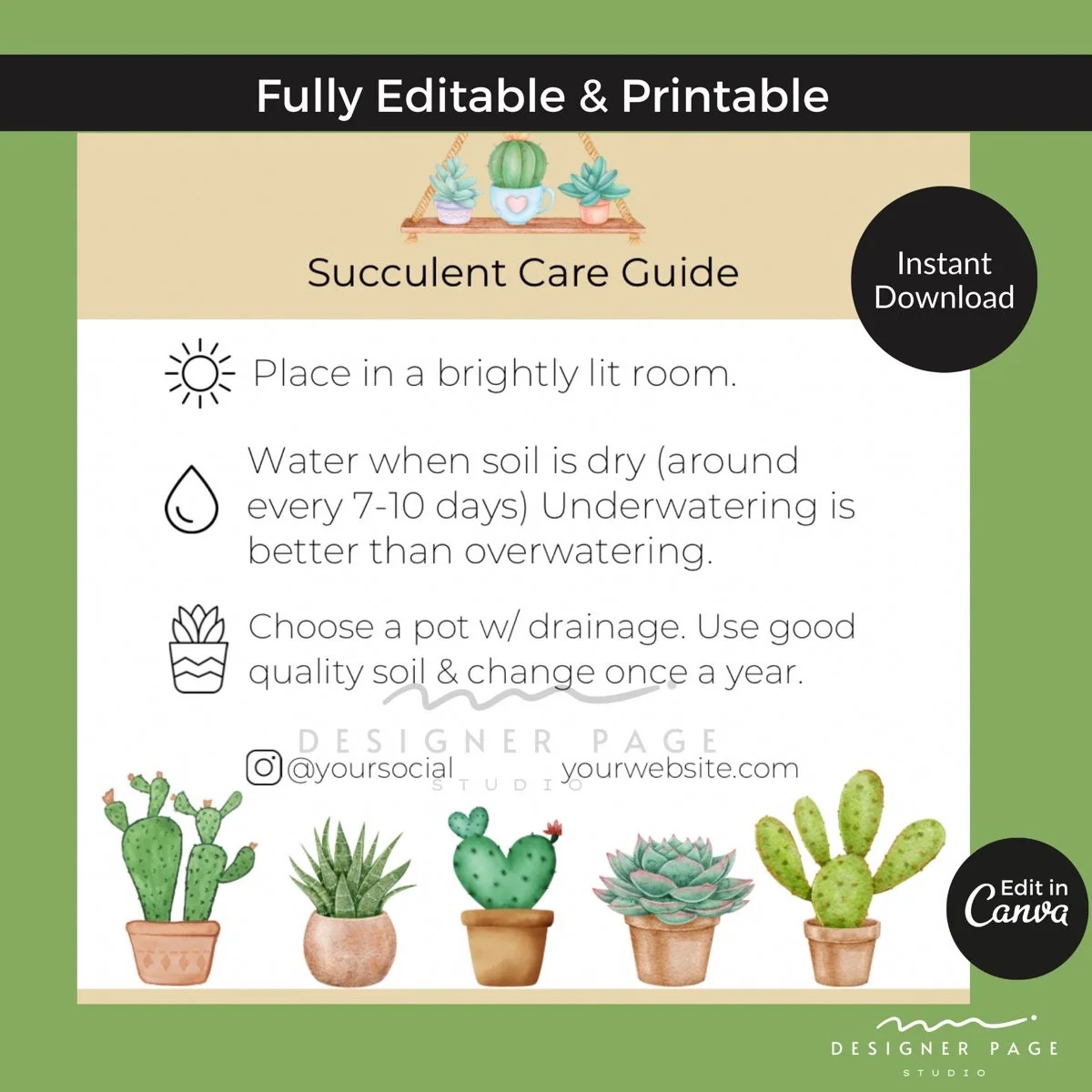 Editable Succulent Care Guide Template Plant Care Cards Tag Printable Labels Canva Template For Business Card Social Media Shop Instagram Etsy