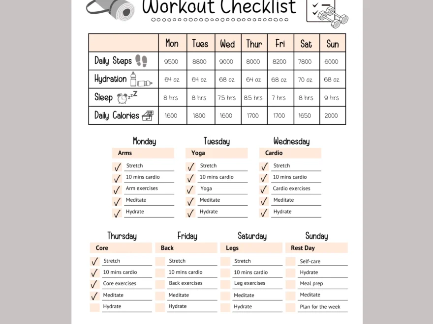 Editable Workout Checklist Printable Daily Exercise Gym Log Planner Scribbled LLC
