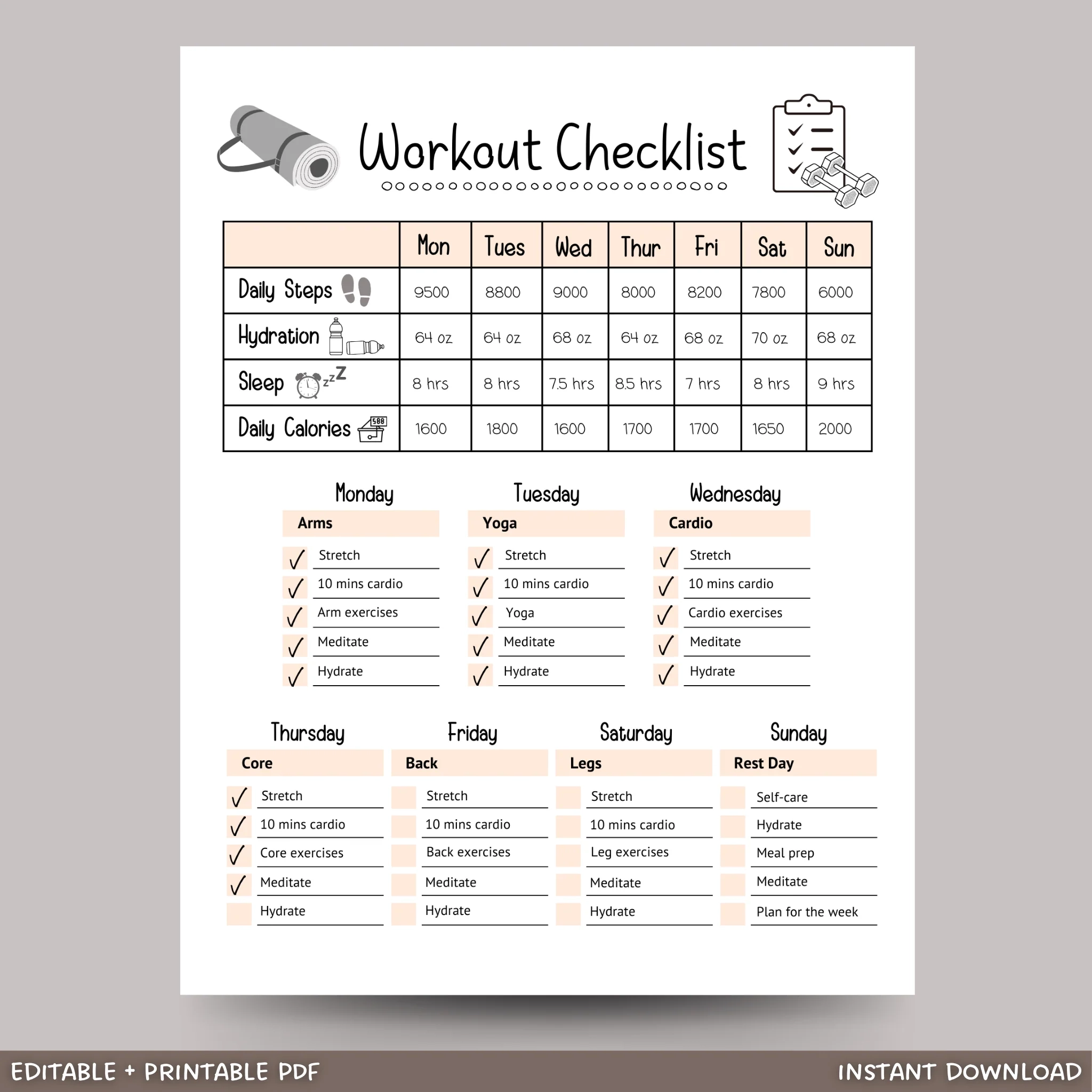 Editable Workout Checklist Printable Daily Exercise Gym Log Planner Scribbled LLC Editable Workout Checklist Printable Daily Exercise Gym Log Planner Scribbled LLC