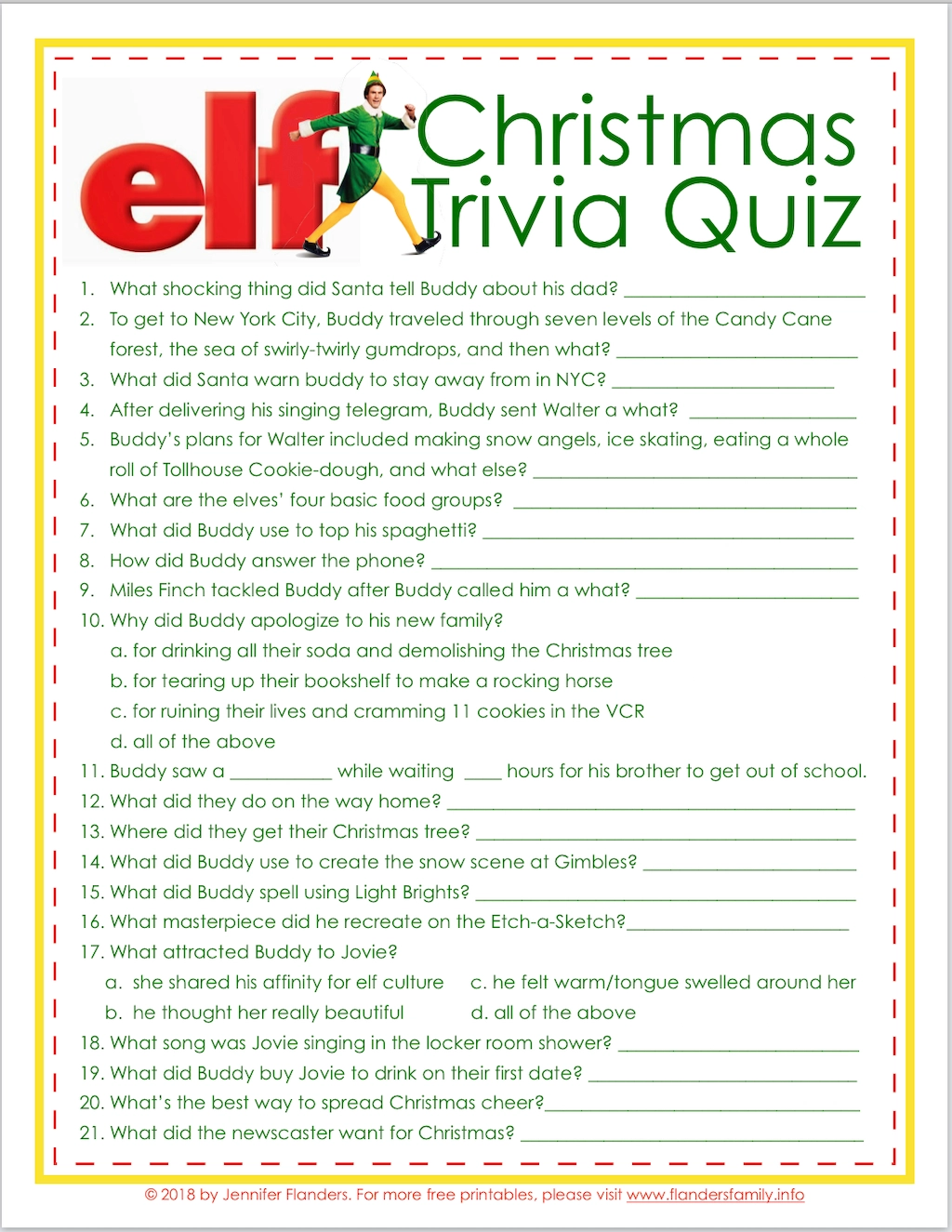 Elf Trivia Christmas Quiz Free Printable Flanders Family Home Life Elf Trivia Christmas Quiz Free Printable Flanders Family Home Life