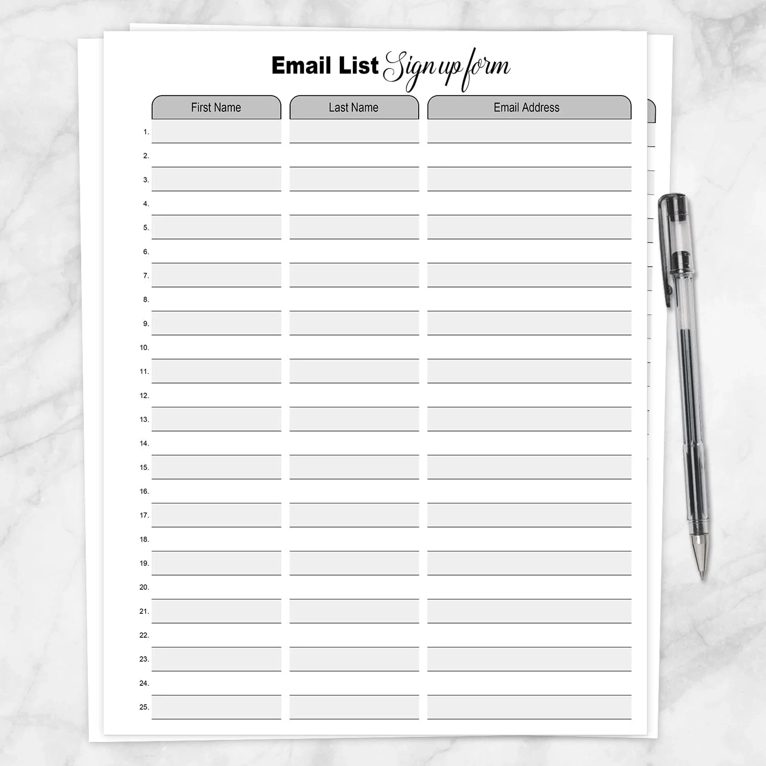 Email Sign Up Sheet Printable