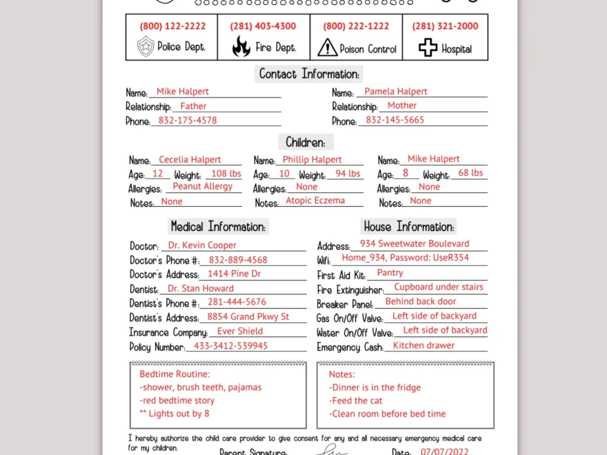 Emergency Contact Information Sheet Editable Babysitter Info Sheet Pr Scribbled LLC