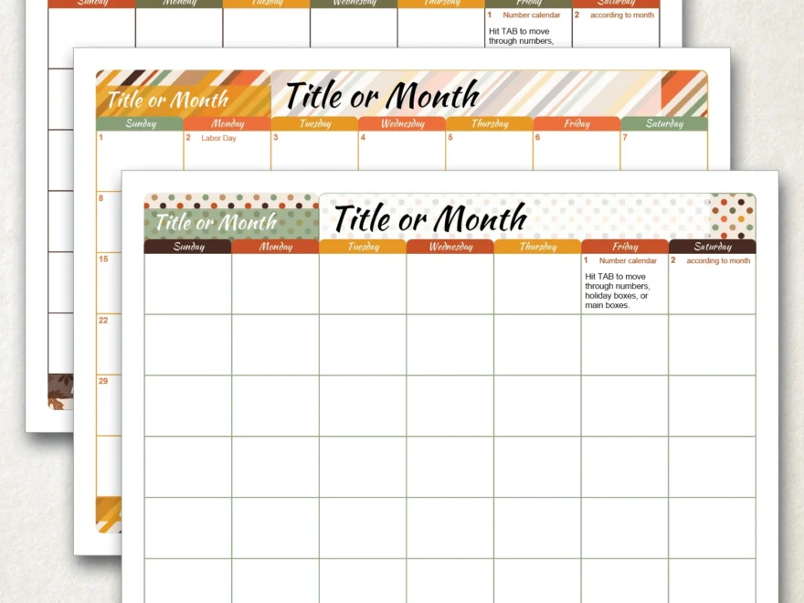 Fall Themed 8 5x11 Calendar Templates Greengate Images