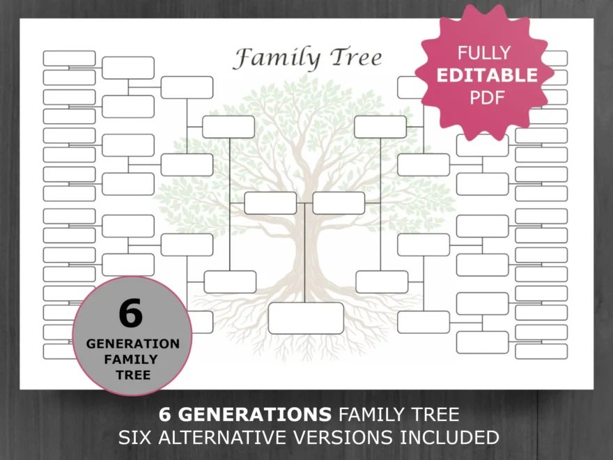 Family Tree Chart 6 Generation Printable And Editable Genealogy Template PDF Etsy