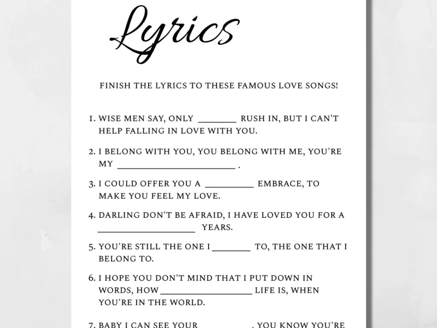 Finish The Lyrics Bridal Shower Game Etsy