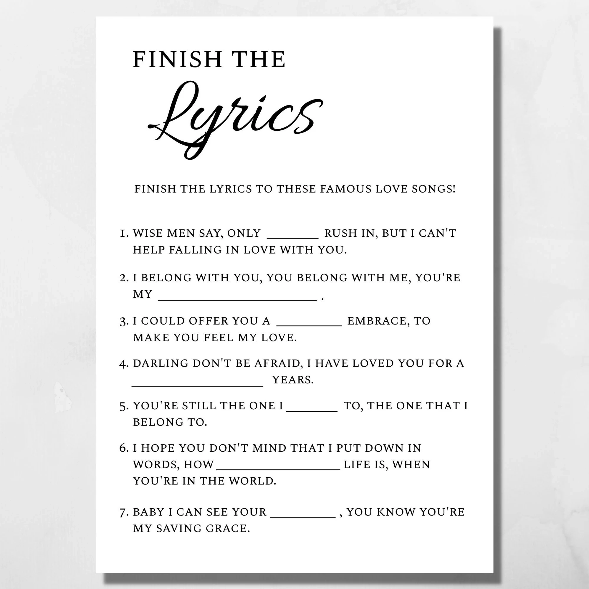 Finish The Lyrics Bridal Shower Game Etsy