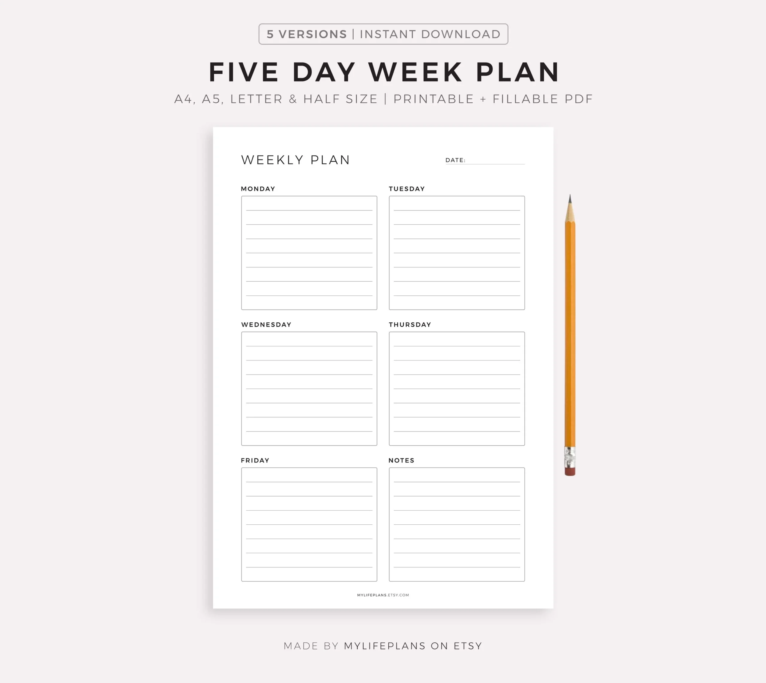 Five Day Weekly Planner Printable Student Planner Desk Organizer Weekly Schedule Weekly Agenda Work Planner A4 a5 letter half Etsy Israel