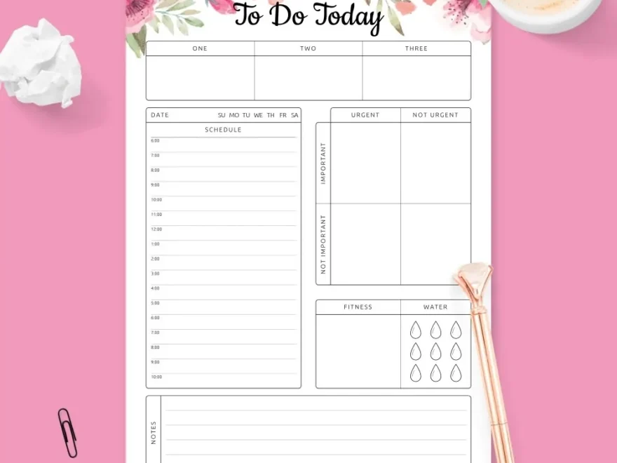 Floral Daily Hourly Schedule Planner Template Printable PDF