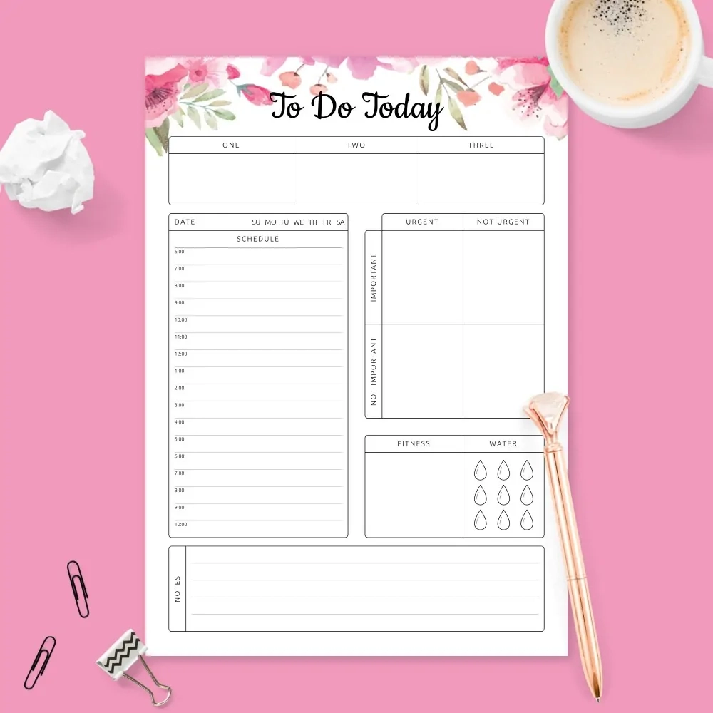 Floral Daily Hourly Schedule Planner Template Printable PDF