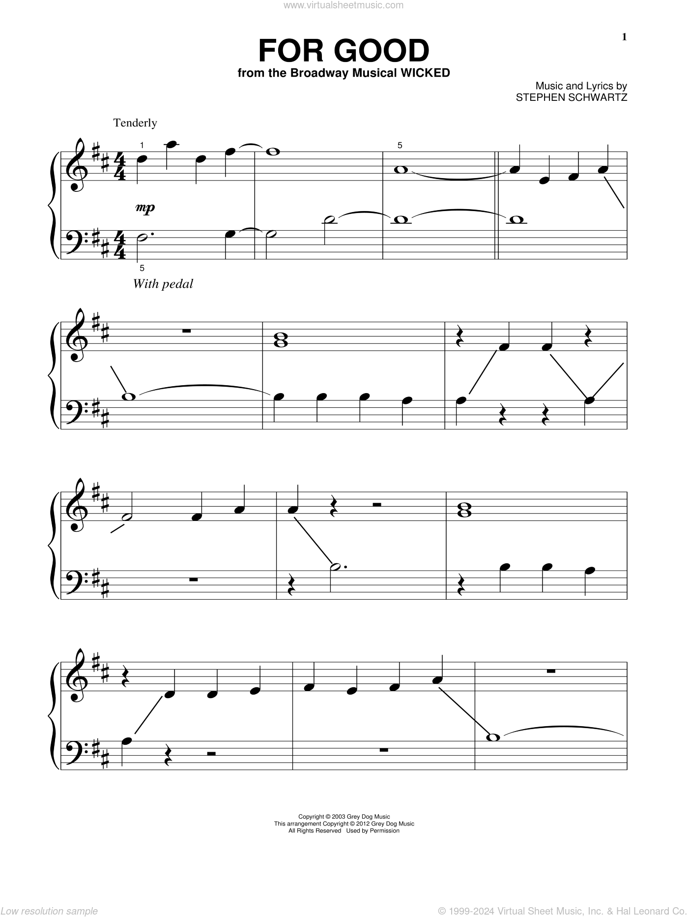 For Good from Wicked beginner Sheet Music For Piano Solo