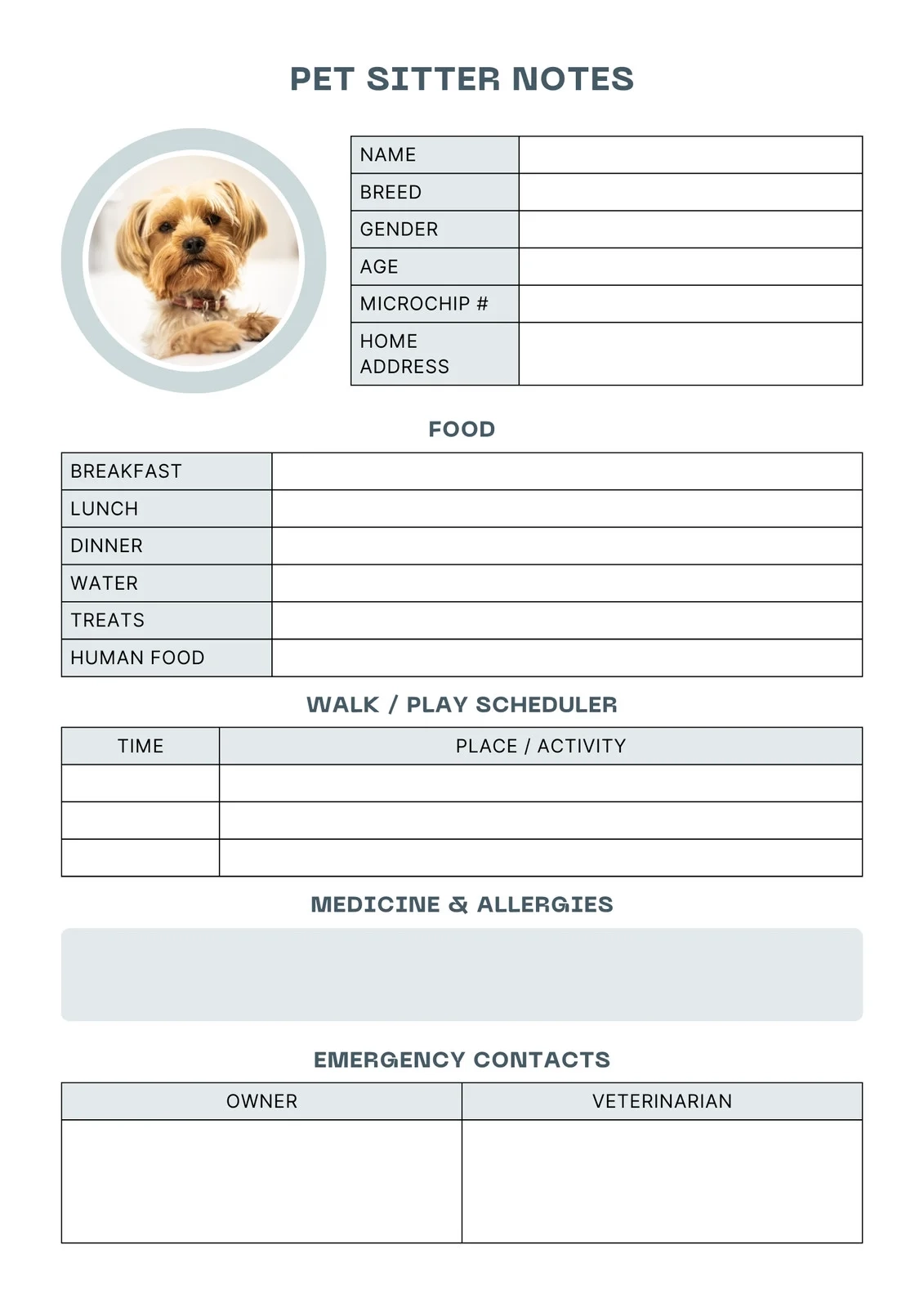 Pet Veternary Boarding Check List Printable