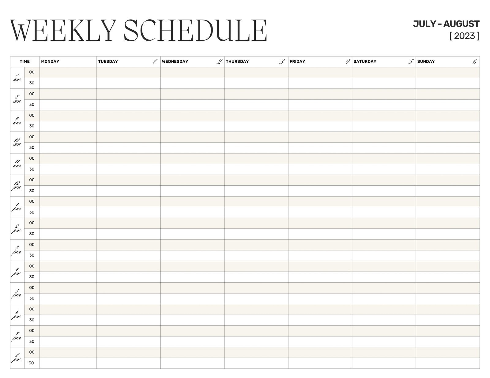 Printable Weekly Schedule By Time