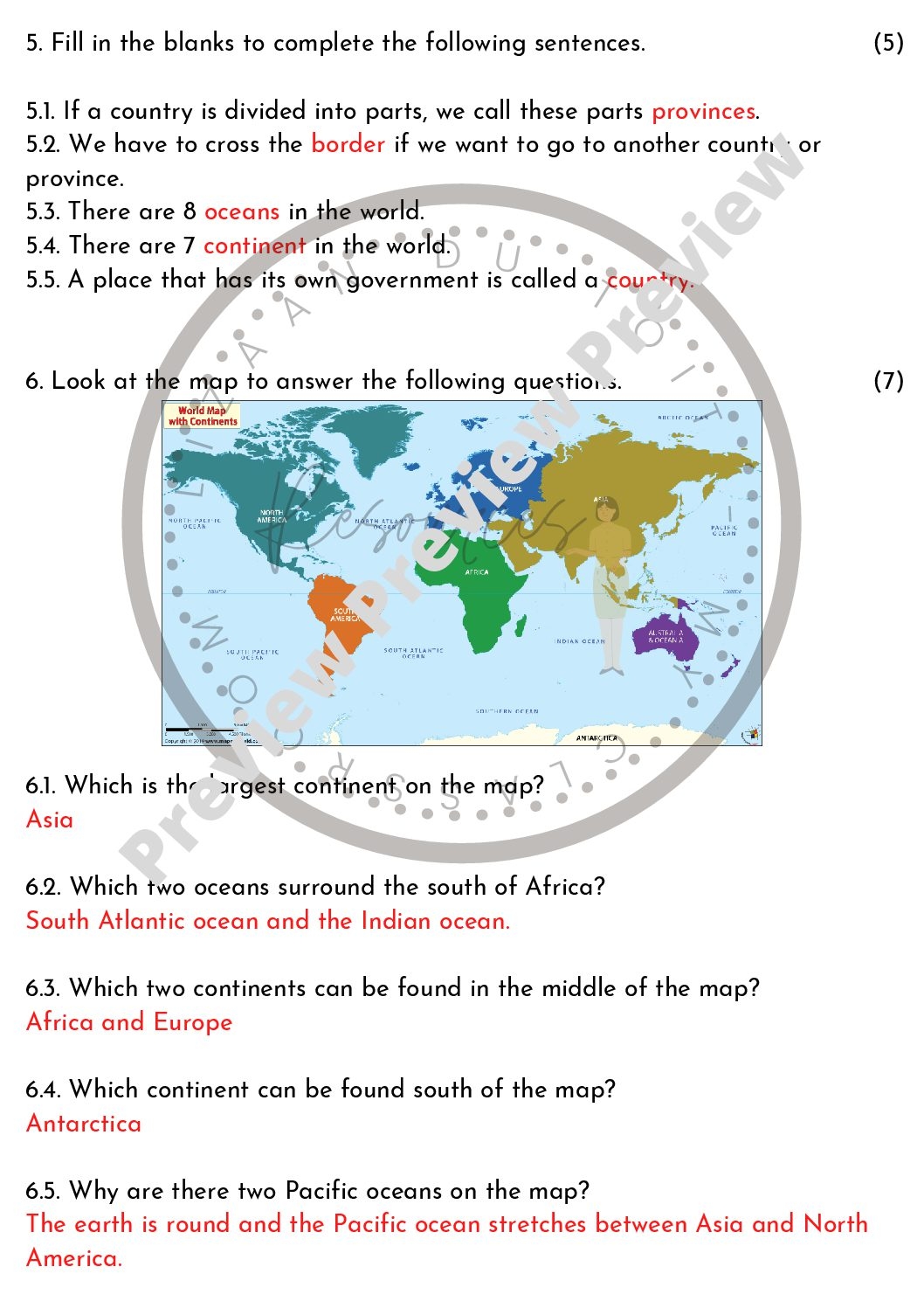 5th Grade Printable Geography Quiz