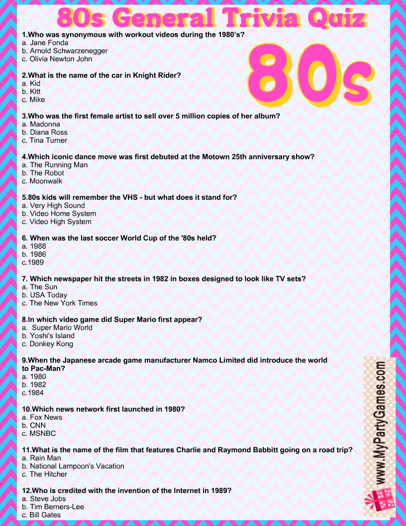 Free Printable 80s General Trivia Quiz With Answer Key Free Printable 80s General Trivia Quiz With Answer Key