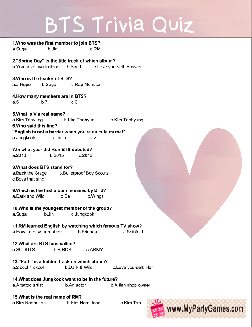 Free Printable BTS Trivia Quiz With Answer Key Free Printable BTS Trivia Quiz With Answer Key