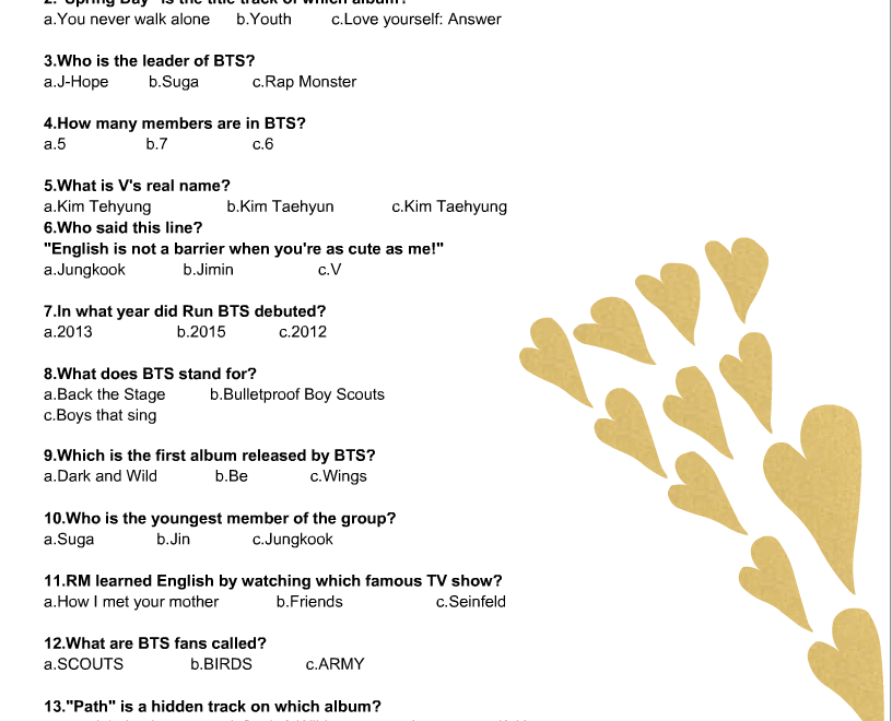 Free Printable BTS Trivia Quiz With Answer Key